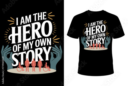 Vector art of inspirational tshirt design with the text i am the hero of my own story featuring diverse people, including those with disabilities, symbolizing empowerment and selfacceptance