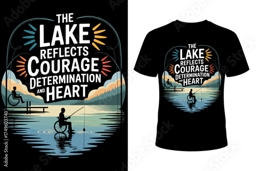 Vector art for a t-shirt featuring a person in a wheelchair fishing, with the text "The lake reflects courage, determination and heart."