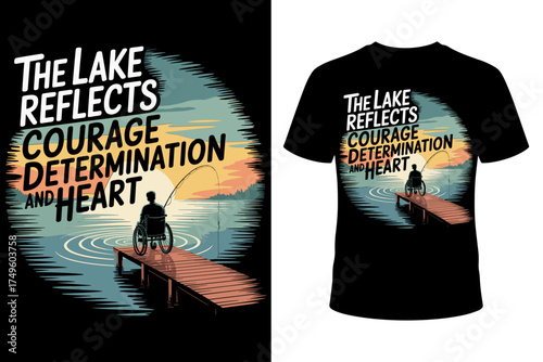 Vector art of the lake reflects courage, determination, and heart, a tshirt design showing a person in a wheelchair fishing, symbolizing resilience and overcoming challenges