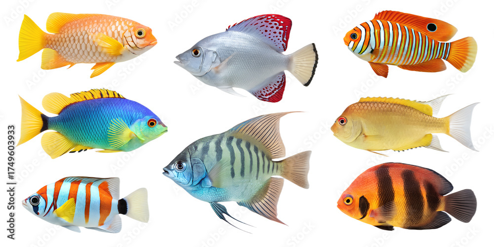 Naklejka premium Realistic Aquarium Fish Set Isolated Tropical Fish on Transparent Background
