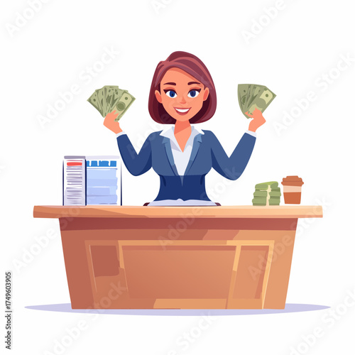 Businesswoman holding money at a desk in a vector illustration