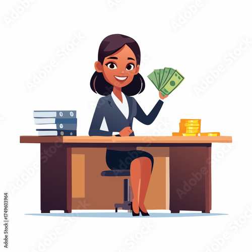 Businesswoman holding money at desk illustration for financial success