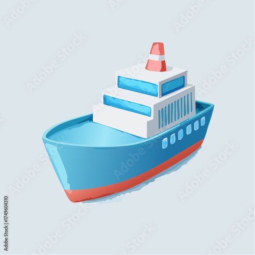 Cartoon illustration of a blue cruise ship on a light background