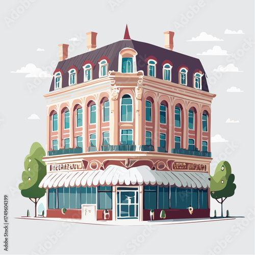 Cartoon illustration of a grand building with classical architecture style