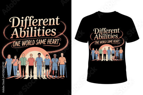 Vector art of different abilities one world same heart vintage style typography with diverse group of people and a dog, representing unity, acceptance, and shared humanity, on a black tshirt mockup