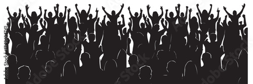 Silhouette of cheering crowd with raised hands, music concert celebration, festival audience, party vibes, energetic people at event, black and white vector
