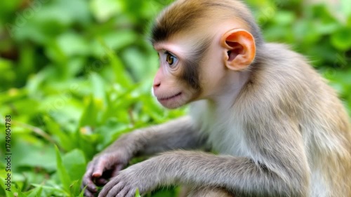 Curious Monkey Portrait in Lush Greenery - A Captivating Wildlife Moment.
