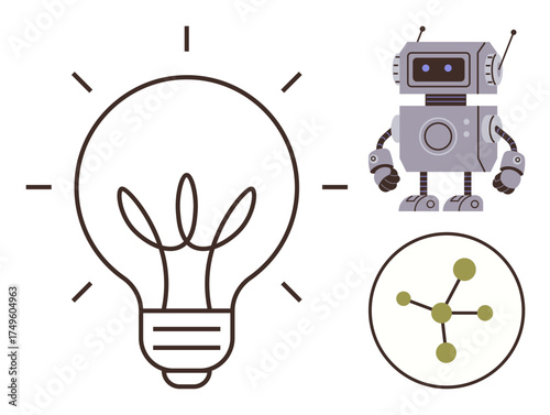 Light bulb implying ideas, robot showcasing AI, and molecular diagram symbolizing connectivity. Ideal for innovation, creativity, science, AI, technology education strategy. A simple flat metaphor