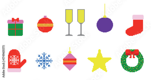 A set of pixelated Christmas decorations: a gift, a star, champagne glasses, Christmas tree baubles, a snowflake, a mitten, a wreath, and a sock. Christmas icons in 8-bit pixel art style. Vector illus
