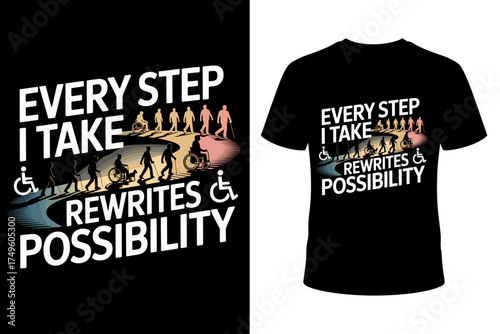 Vector art of every step i take rewrites possibility typography tshirt design, featuring silhouettes of people walking and a wheelchair user, symbolizing inclusivity and overcoming challenges