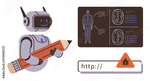 Robot holding pencil symbolizes creativity and AI involvement in problem-solving. Medical scan indicates health tech, while biohazard sign highlights cybersecurity threats. Ideal for AI, healthcare