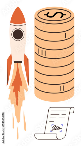 Rocket blasting off beside stacked coins and signed contract emphasizes growth, investment, and achievement. Ideal for finance, business, entrepreneurship, innovation, investments, economics