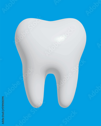 3d white shiny tooth icon symbol design style sign. Tooth render on a blue background. Dentist cocnept. Modern 3D glossy tooth icon. Web site and mobile app design element, vector illustration EPS 10.