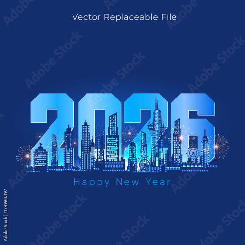 2026 Happy New Year post design with modern building, city skyline and celebration background.