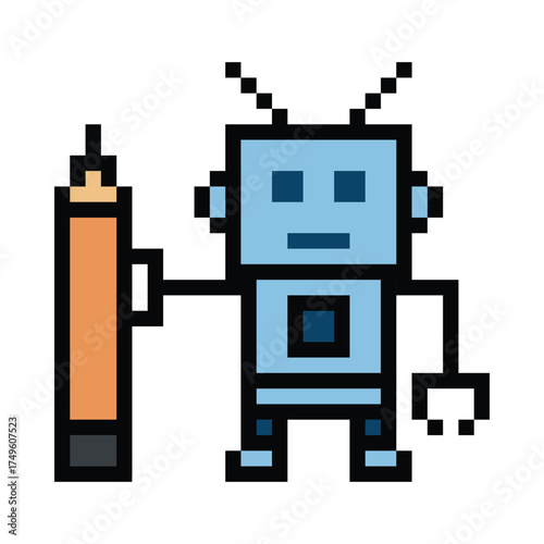 Cartoon pixel art of humanoid robot or ai learning robotic chat bot machine business vector character automation background 8 bit artificial intelligence.