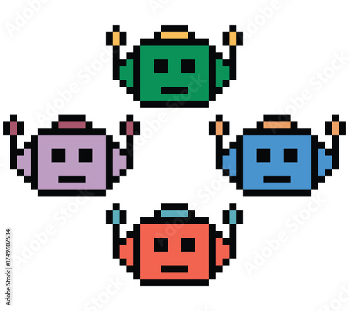 Cartoon pixel art of humanoid robot or ai learning robotic chat bot machine business vector character automation background 8 bit artificial intelligence.