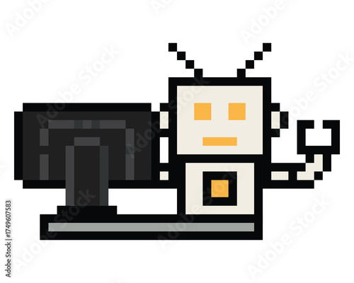 Cartoon pixel art of humanoid robot or ai learning robotic chat bot machine business vector character automation background 8 bit artificial intelligence.