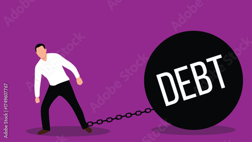 Business Man Shackled to Debt Heavy Weight. Difficult financial situation and people vector art