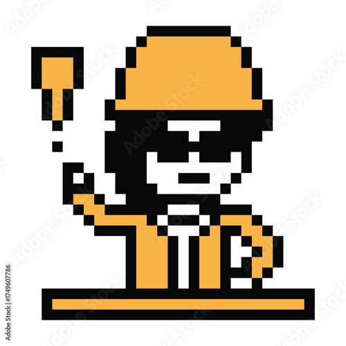 Cartoon pixel 8 bit character engineer man safety worker industry exclamation mark fix 8 bit male boy male construction safety vector.
