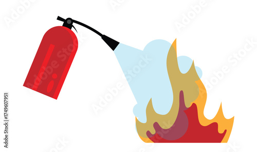 Fire Extinguisher in Work Flat Style Isolated on White. Fighting with flames and safety instructions vector art