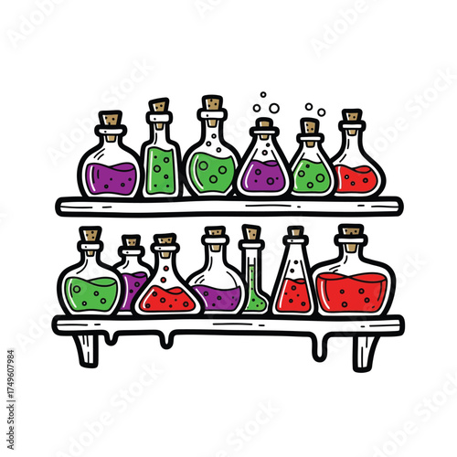Magic Potions Bottles on Shelves, Colorful Elixirs, Witchcraft, Alchemy, Fantasy Illustration