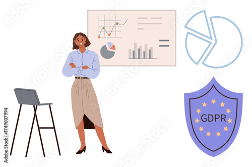 Woman presenting statistical charts and GDPR compliance shield, symbolizing data privacy and analytics. Ideal for presentations, compliance education, business strategy, data protection, governance