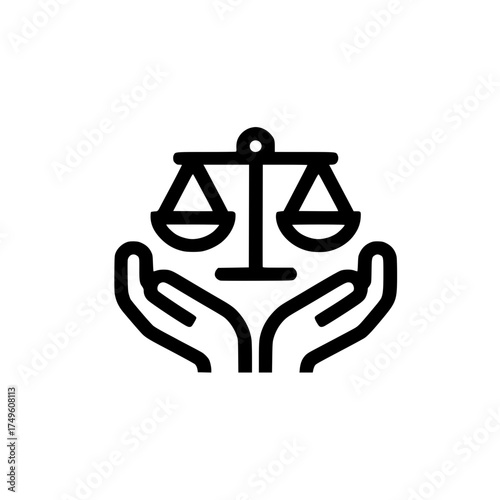 Vector justice scale icon resting above open palms concept of legal support and moral balance