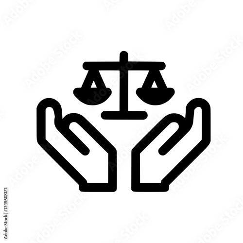 Balance scale icon above two open hands representing justice fairness and legal protection