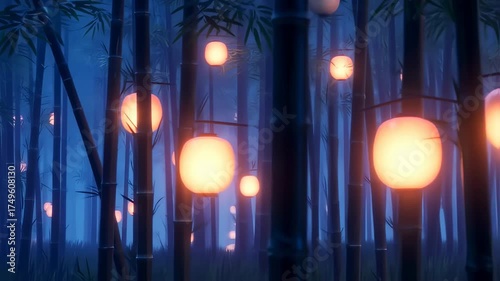 Enchanted Bamboo Forest at Night with Glowing Lanterns.