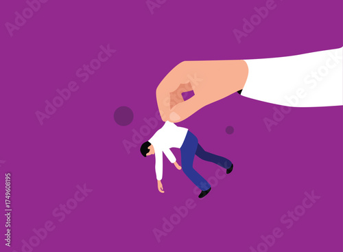 Hand Holding a Helpless Business Man Flat Style. White collar workers in trouble at work