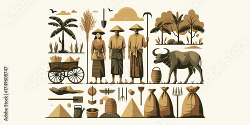 Traditional agricultural village life with farmers, buffalo, and harvest in a vibrant illustration