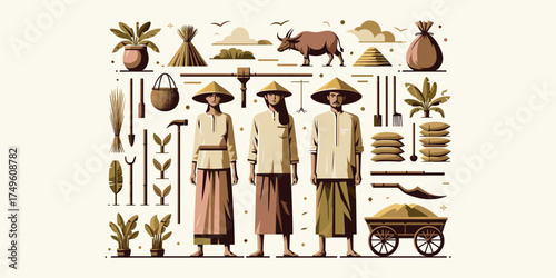 Cultural Iconography Depicting Rural Life and Farming Practices, Showcasing Traditional Attire & Tools
