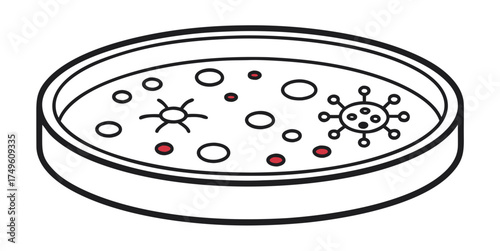 Minimal line art illustration of a petri dish with virus and bacteria cells representing microbiological analysis, lab testing and pathogen research