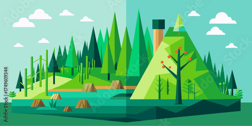 Conceptual flat illustration showing deforestation and reforestation with tree stumps on one side and lush greenery and regrowth on the other