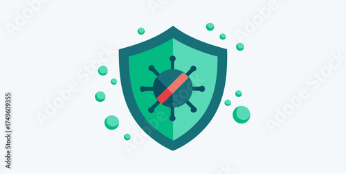 Minimal flat icon of a virus near a shield with a cross symbolizing immunity, virus protection and health defense system