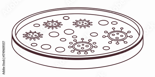 Line art illustration of a petri dish containing virus or bacteria cultures representing microbiology, laboratory research and infection study