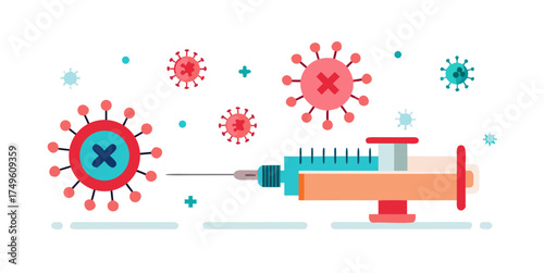 Colorful flat illustration of a syringe targeting viruses with cross marks symbolizing vaccination, virus elimination and medical protection