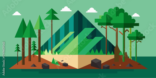 Flat illustration of forest regeneration and environmental restoration with mountain background showing stages of deforestation and reforestation