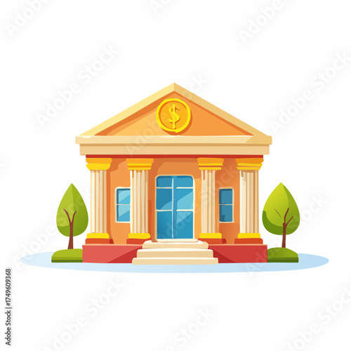 Cartoon bank building illustration with trees and isolated on white background