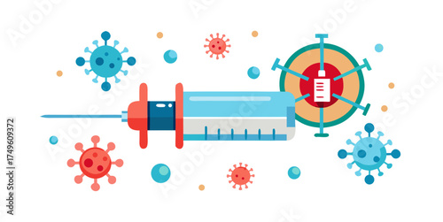 Flat illustration of a medical syringe surrounded by viruses and a vaccine target symbolizing immunization, vaccination and virus protection