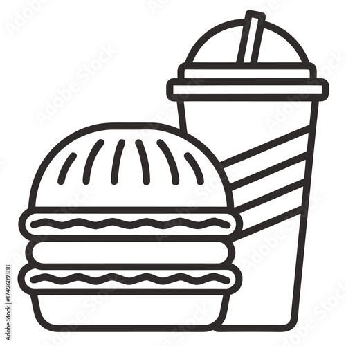 Fast food combo meal icon. Hamburger and soda drink outline symbol.