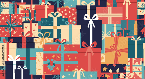 A colorful and festive collection of wrapped gifts in various sizes and patterns.