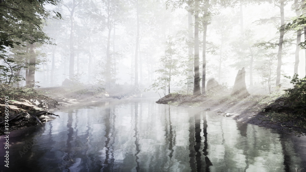Fototapeta premium Soft sunlight filters through trees in a still forest. A quiet river reflects the mist and light, creating a peaceful atmosphere perfect for reflection and nature appreciation.