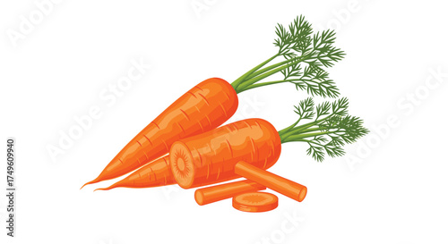 Freshly harvested bright orange carrots with green tops on a white background.