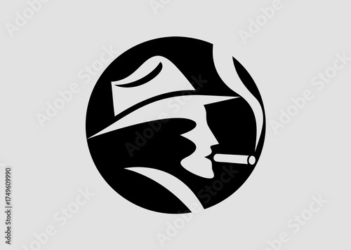 Silhouette of a man in a hat smoking a cigar. Retro style vector illustration of noir gentleman.