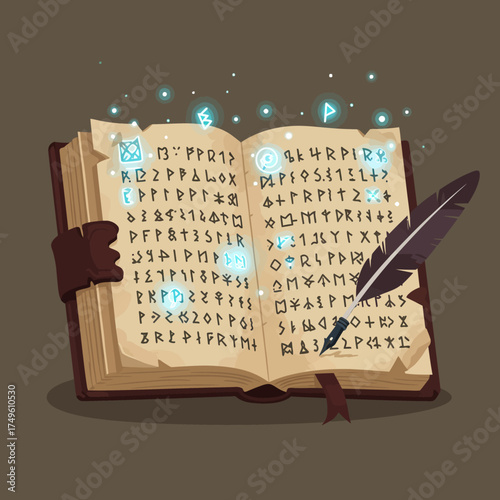 Open Spellbook with Glowing Runes and Feather Quill, Magic and Mysticism.