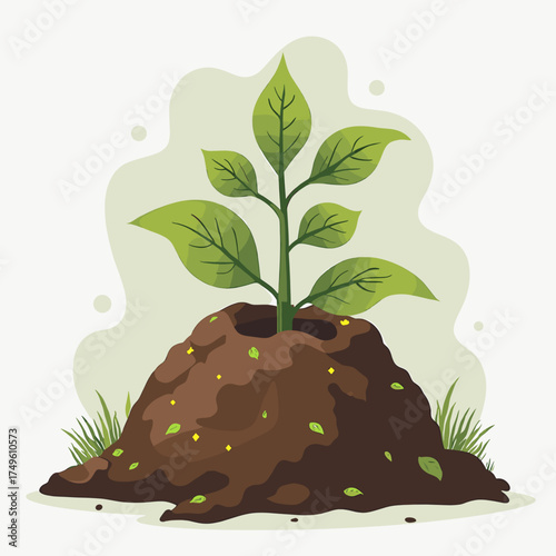 A young plant sprouting from a mound of soil, showcasing growth and new life.