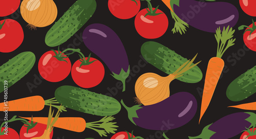A vibrant collection of fresh garden vegetables including cucumbers tomatoes eggplants and carrots.