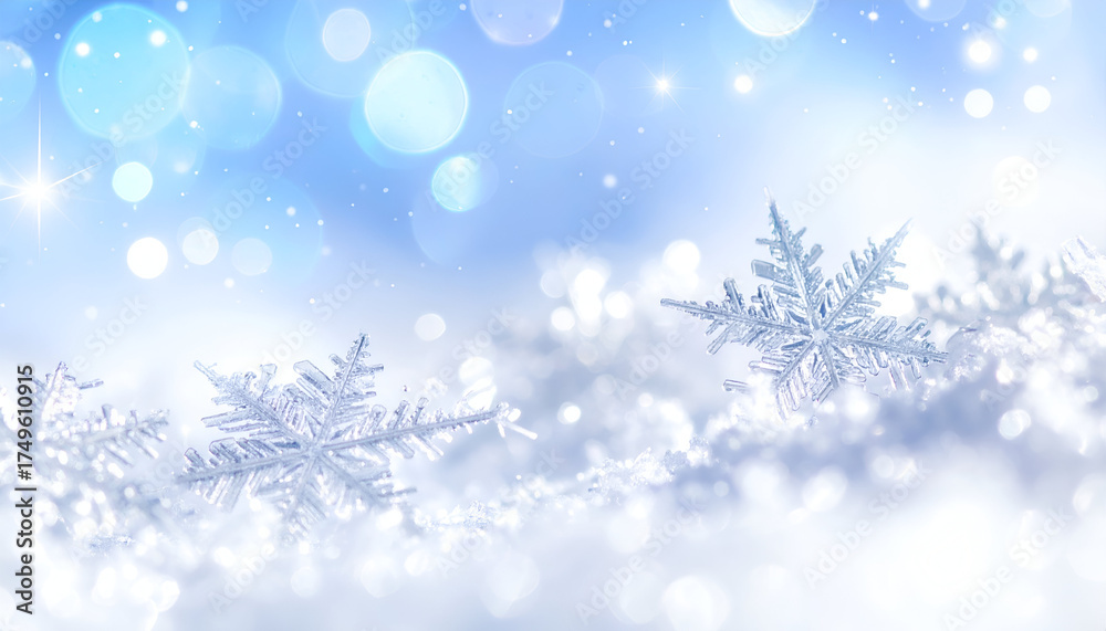 Naklejka premium Elegant snowflakes resting on snow with glowing light particles, capturing the calm and beauty of a cold winter day.