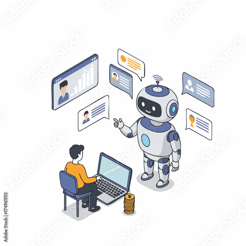 Isometric Modern Chatbot Communication with Human Using Laptop Illustration